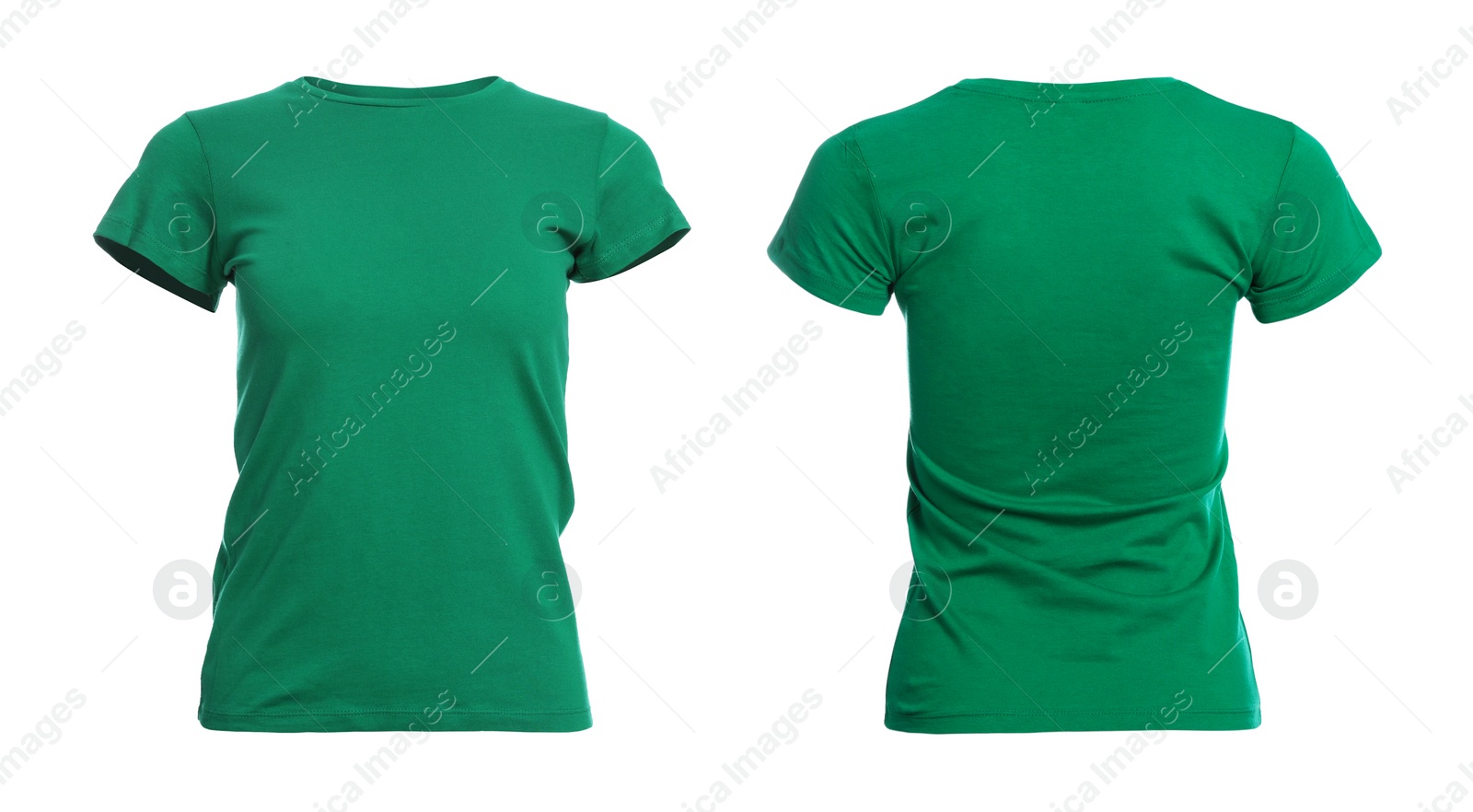 Image of Green t-shirt with space for design isolated on white. Back and front views