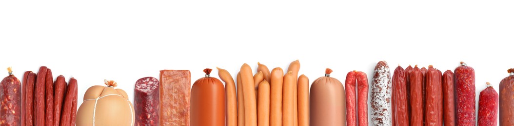 Many different tasty sausages on white background, top view. Banner design