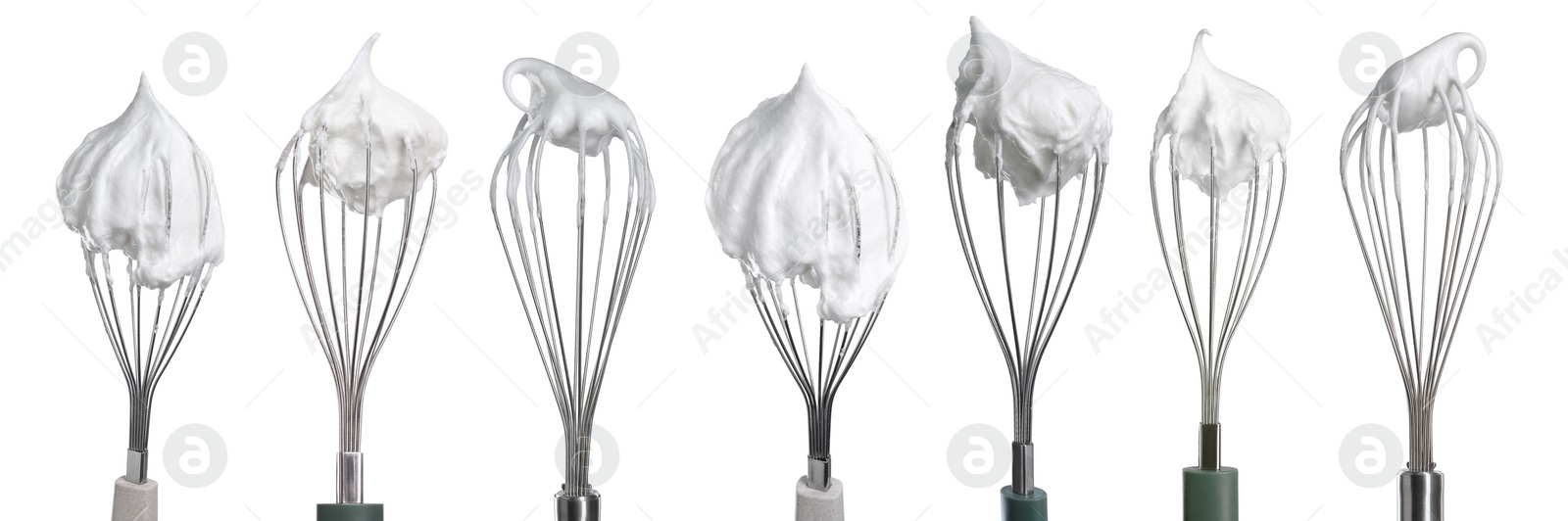 Image of Many different whisks with cream isolated on white, collection