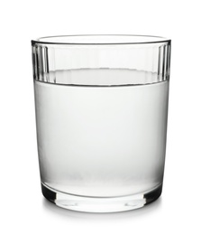 Photo of Glass of cold clear water on white background. Refreshing drink
