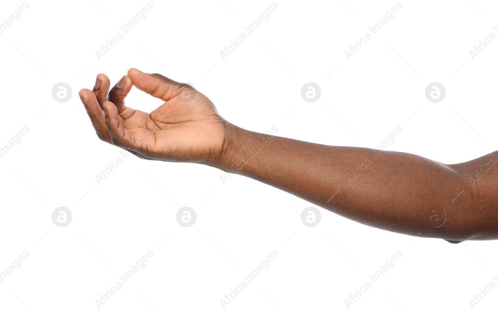 Photo of African-American man showing gyan mudra on white background, closeup