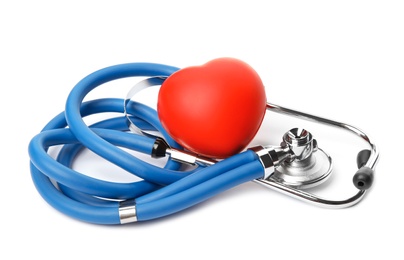 Photo of Red heart and stethoscope on white background. Cardiology concept