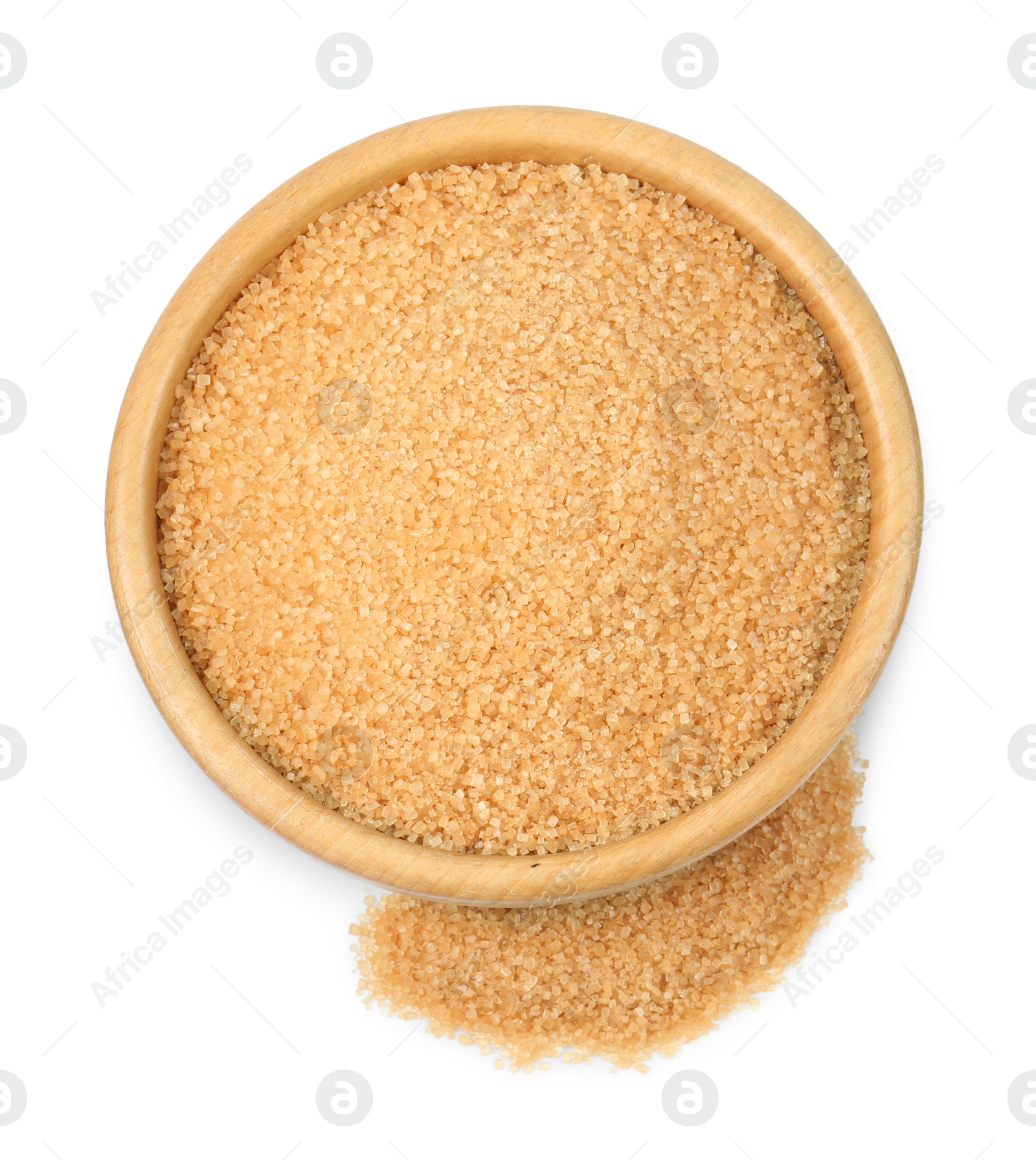 Photo of Brown sugar in bowl isolated on white, top view