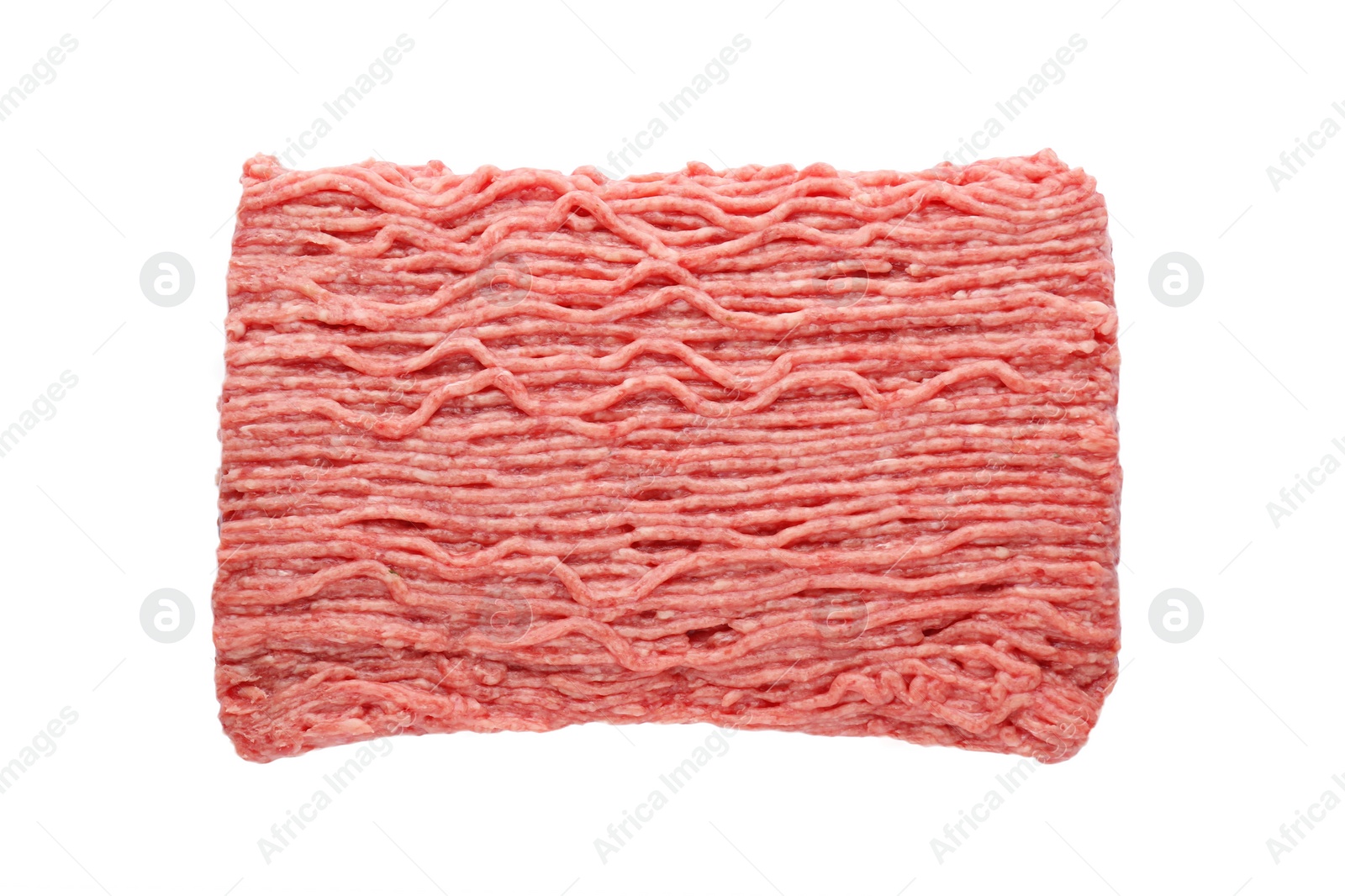 Photo of Raw fresh minced meat isolated on white, top view