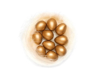 Photo of Nest with golden eggs on white background, top view