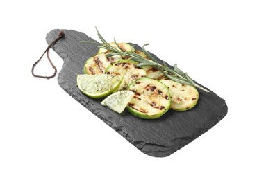 Photo of Delicious grilled zucchini slices served with lime and rosemary on white background