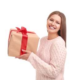 Photo of Happy young woman with Christmas gift on white background