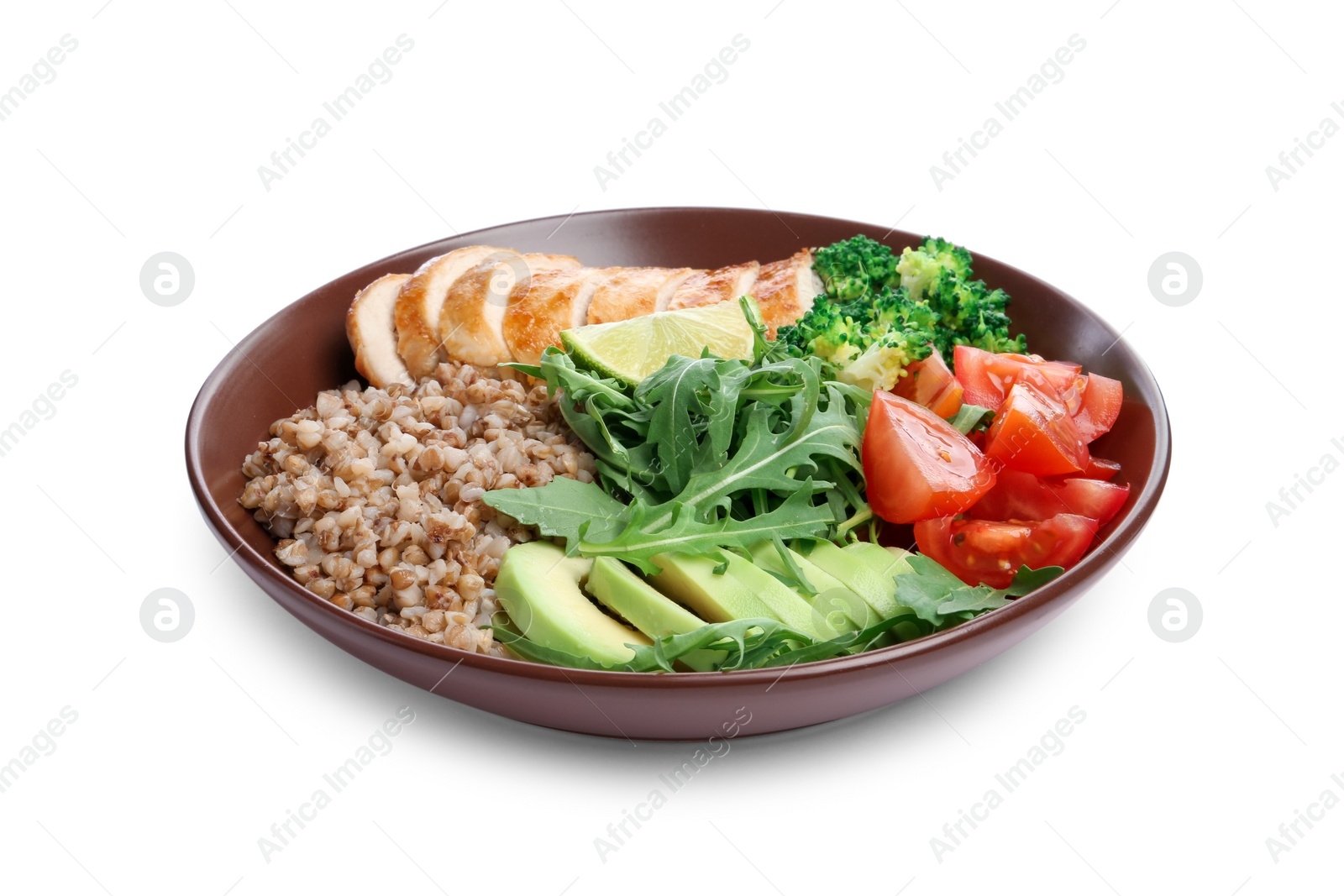 Photo of Healthy meal. Tasty vegetables, buckwheat and chicken breast in bowl isolated on white