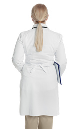 Photo of Doctor in clean uniform with clipboard on white background