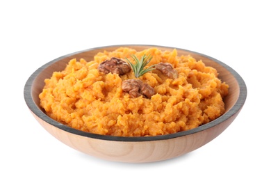 Photo of Bowl with mashed sweet potatoes on white background