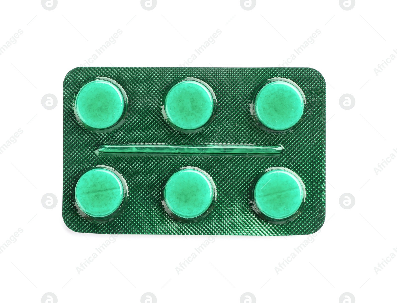 Photo of Pills in blister pack on white background, top view. Medical treatment