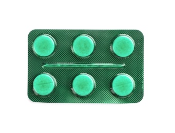 Photo of Pills in blister pack on white background, top view. Medical treatment