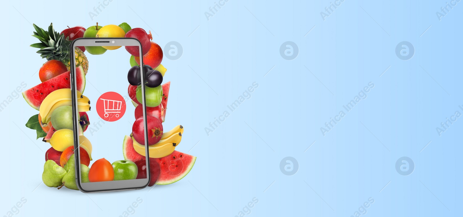 Image of Online purchases. Shopping cart icon and different fruits coming out of smartphone screen on light blue background. Banner design with space for text