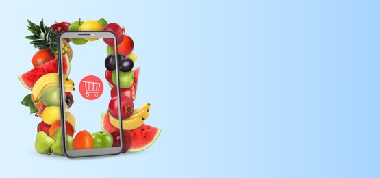 Image of Online purchases. Shopping cart icon and different fruits coming out of smartphone screen on light blue background. Banner design with space for text