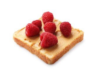 Photo of Tasty peanut butter sandwich with fresh raspberries isolated on white