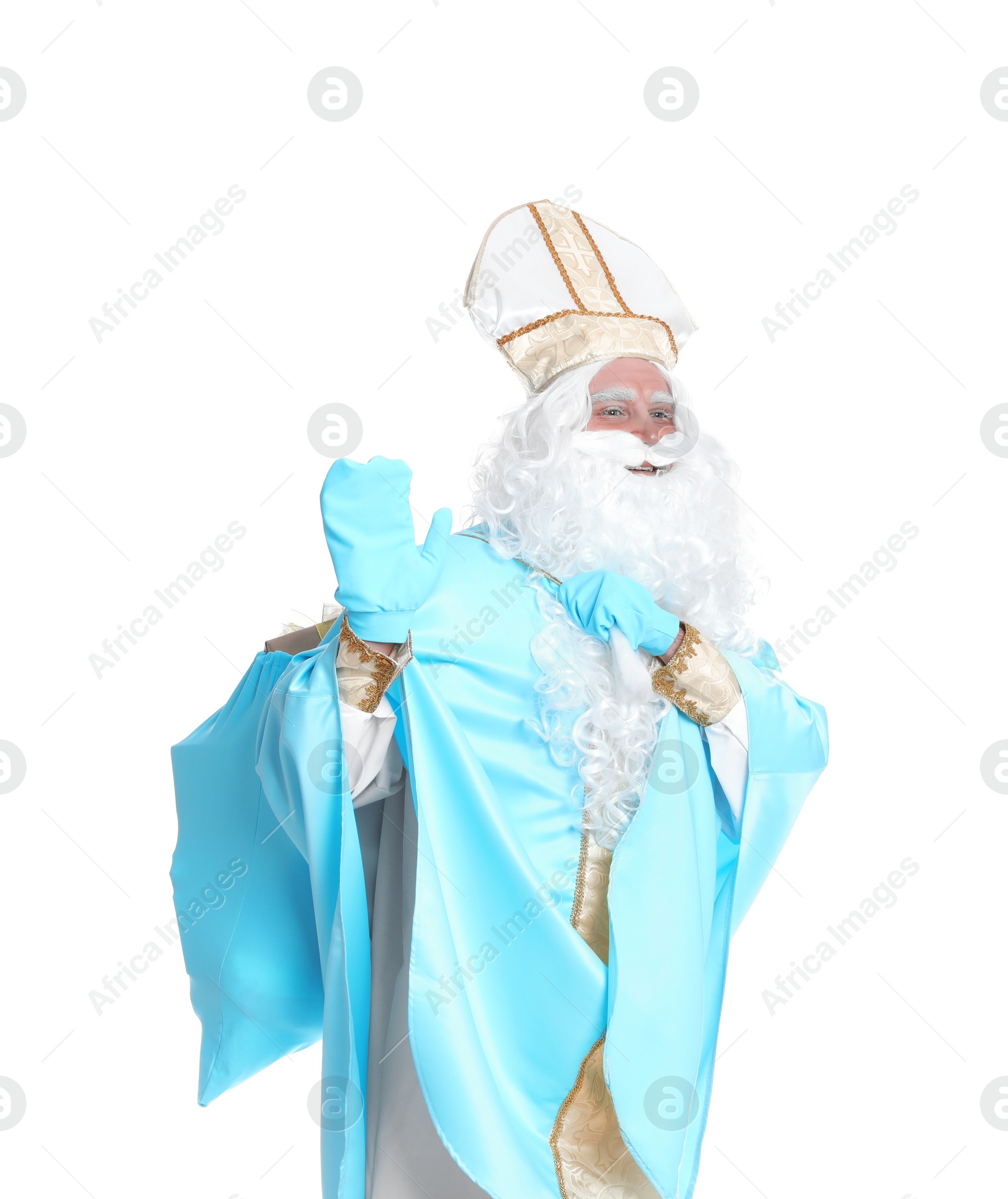 Photo of Portrait of Saint Nicholas holding sack with presents on white background