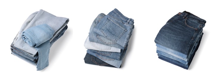 Image of Set with folded different jeans on white background