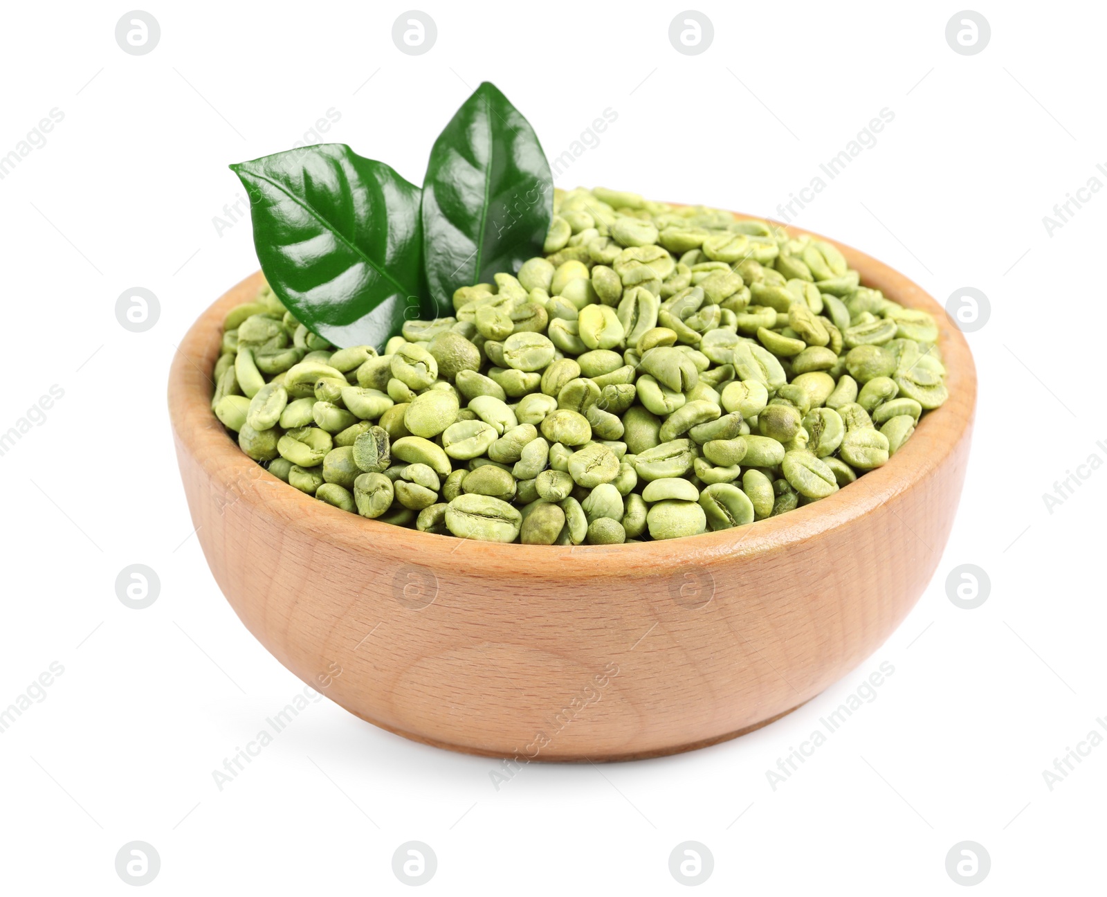 Photo of Green coffee beans with leaves in wooden bowl on white background