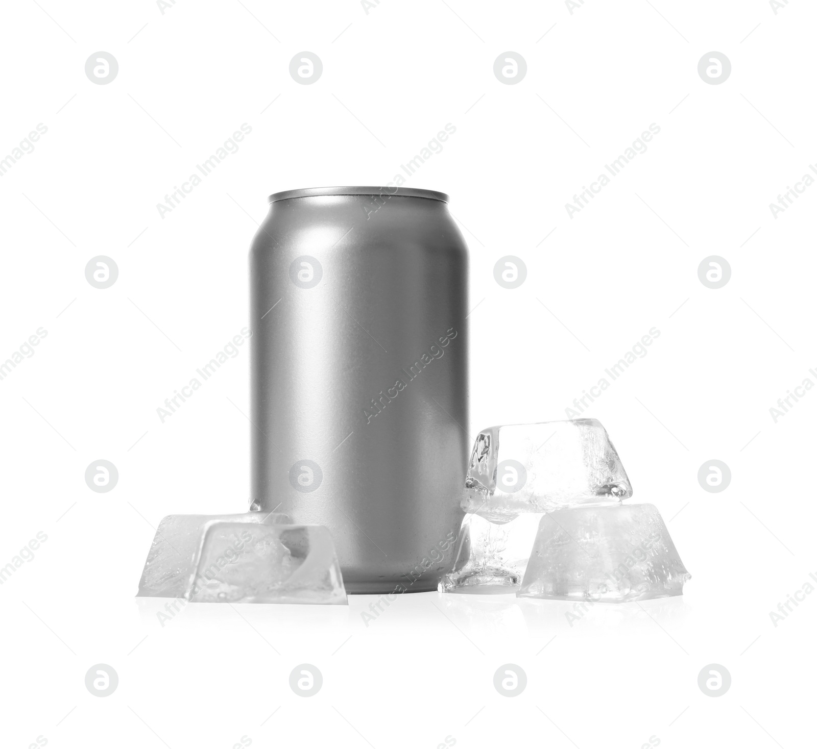 Photo of Tin can and ice cubes on white background