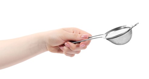 Woman with metal sieve on white background, closeup