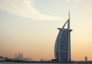 DUBAI, UNITED ARAB EMIRATES - NOVEMBER 03, 2018: Beautiful view of famous Burj Al Arab and amazing sunset sky