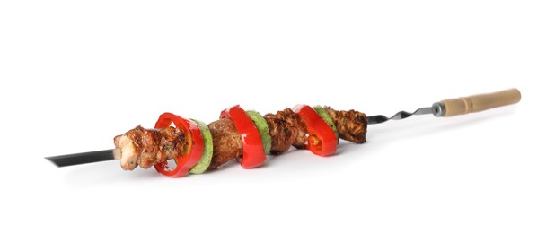 Photo of Metal skewer with delicious meat and vegetables on white background