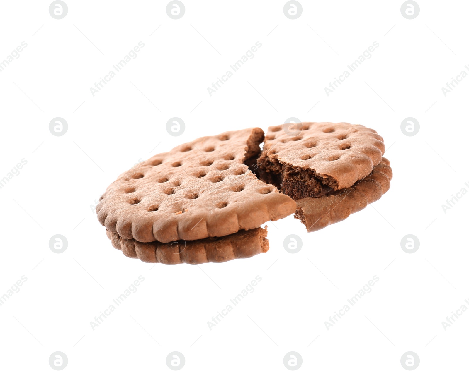 Photo of Broken tasty chocolate sandwich cookie with cream on white background