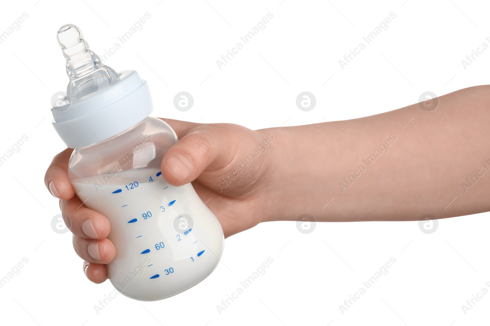 Photo of Woman holding feeding bottle with infant formula on white background, closeup