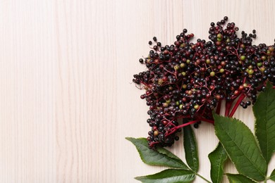 Tasty elderberries (Sambucus) on wooden table, top view. Space for text