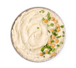 Bowl of delicious hummus with chickpeas isolated on white, top view