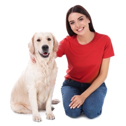 Photo of Young woman and her Golden Retriever dog on white background