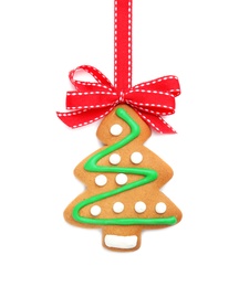 Tasty homemade Christmas cookie on white background