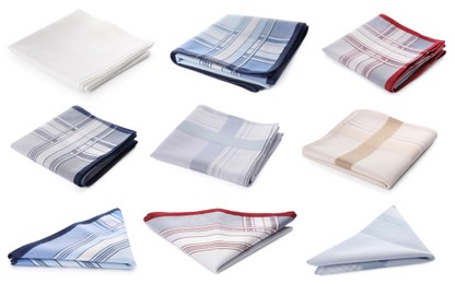 Image of Set with different handkerchiefs on white background 