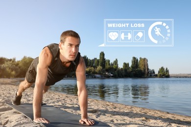 Image of Weight loss concept. Sporty man doing straight arm plank exercise on beach