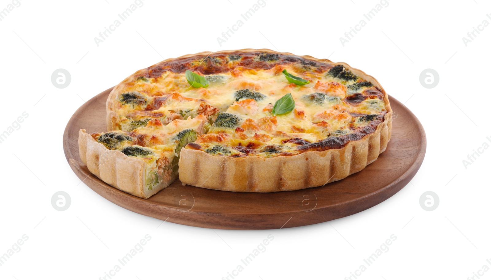 Photo of Delicious homemade quiche with salmon and broccoli isolated on white