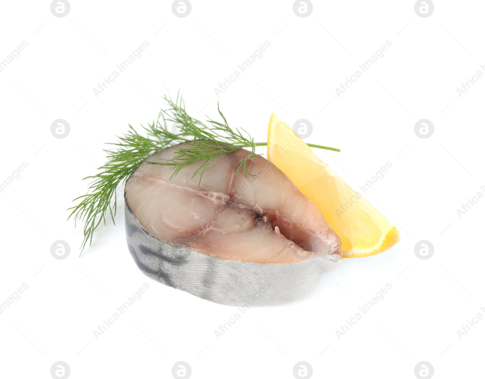 Photo of Slice of tasty salted mackerel, lemon wedge and dill isolated on white