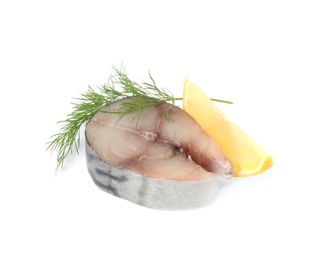 Photo of Slice of tasty salted mackerel, lemon wedge and dill isolated on white