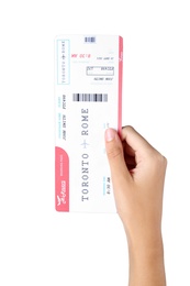 Photo of Woman holding ticket on white background, closeup. Travel agency concept