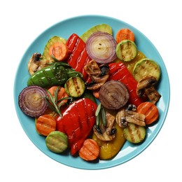 Photo of Different delicious grilled vegetables on white background, top view