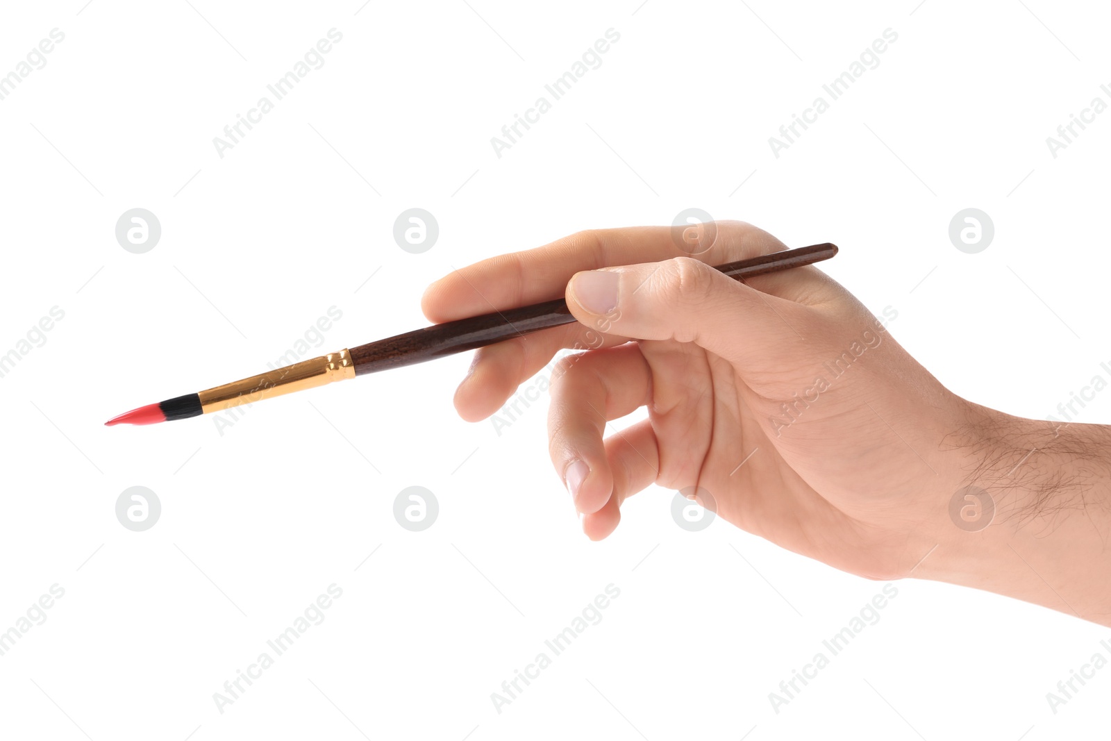 Photo of Young man holding brush with color paint on white background, closeup