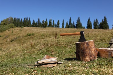 Photo of Tree stump with axe and cut firewood on hill, space for text