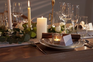 Festive table setting with beautiful tableware and decor indoors