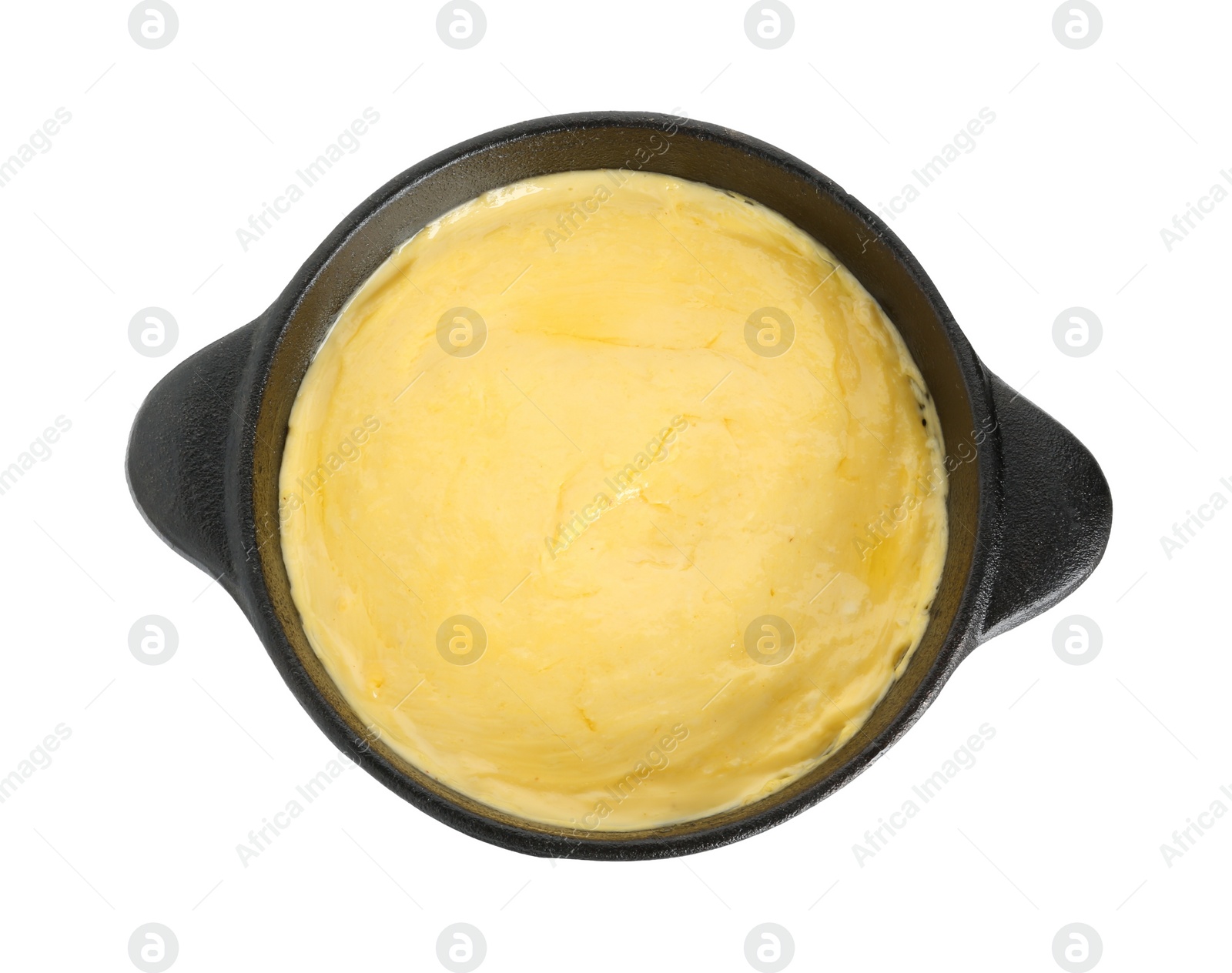 Photo of Fondue with tasty melted cheese isolated on white, top view