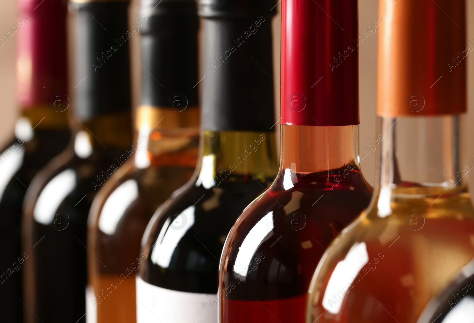 Photo of Bottles of different wines, closeup. Expensive collection