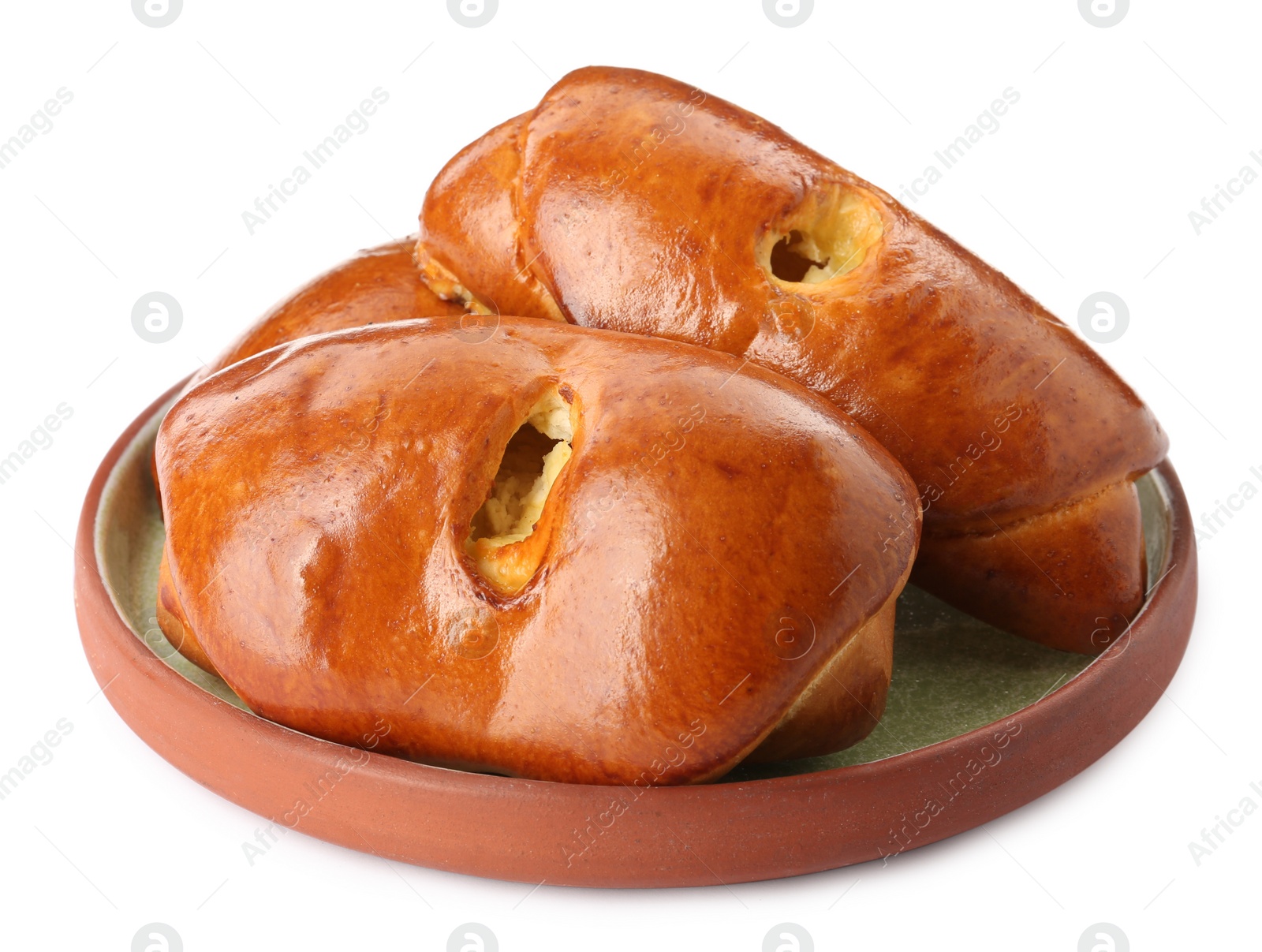 Photo of Plate with delicious baked patties on white background