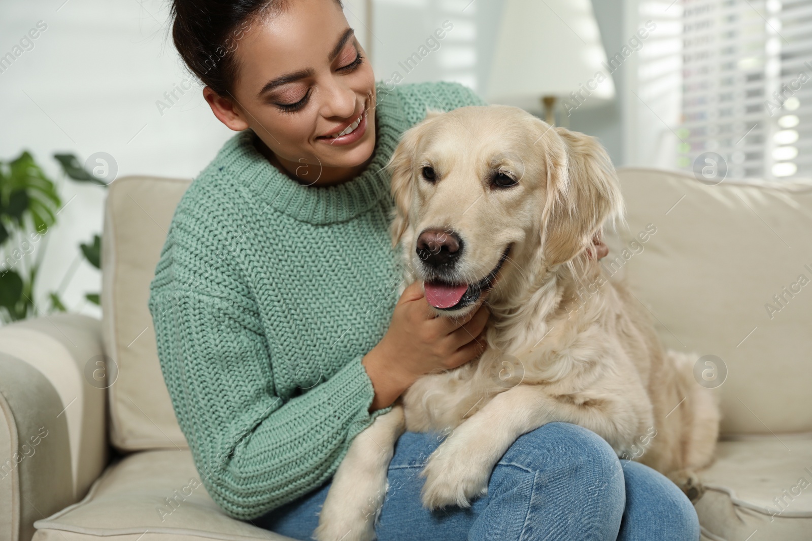 Photo of Young woman and her Golden Retriever on sofa at home. Adorable pet