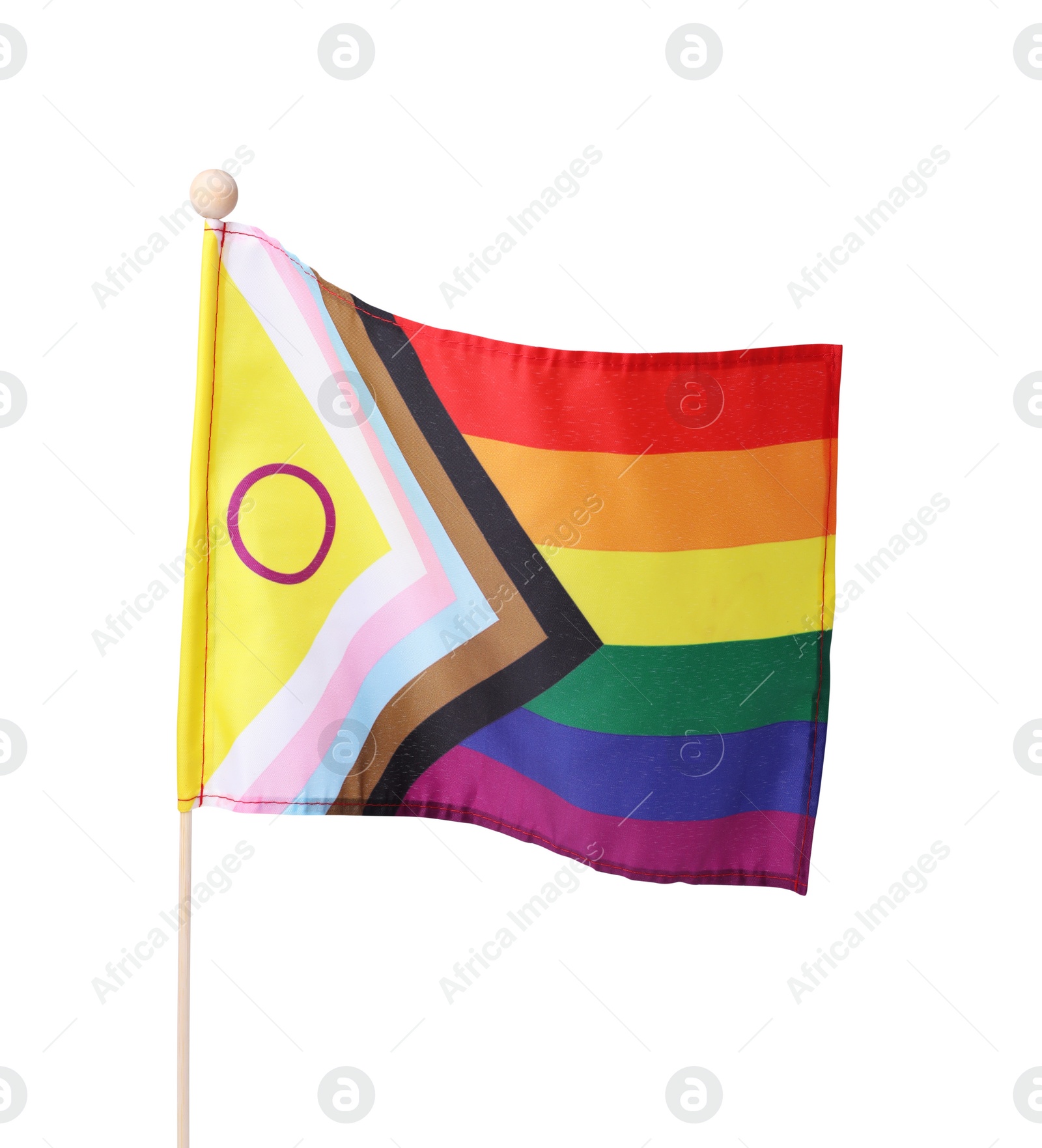 Photo of Bright progress flag on white background. LGBT pride