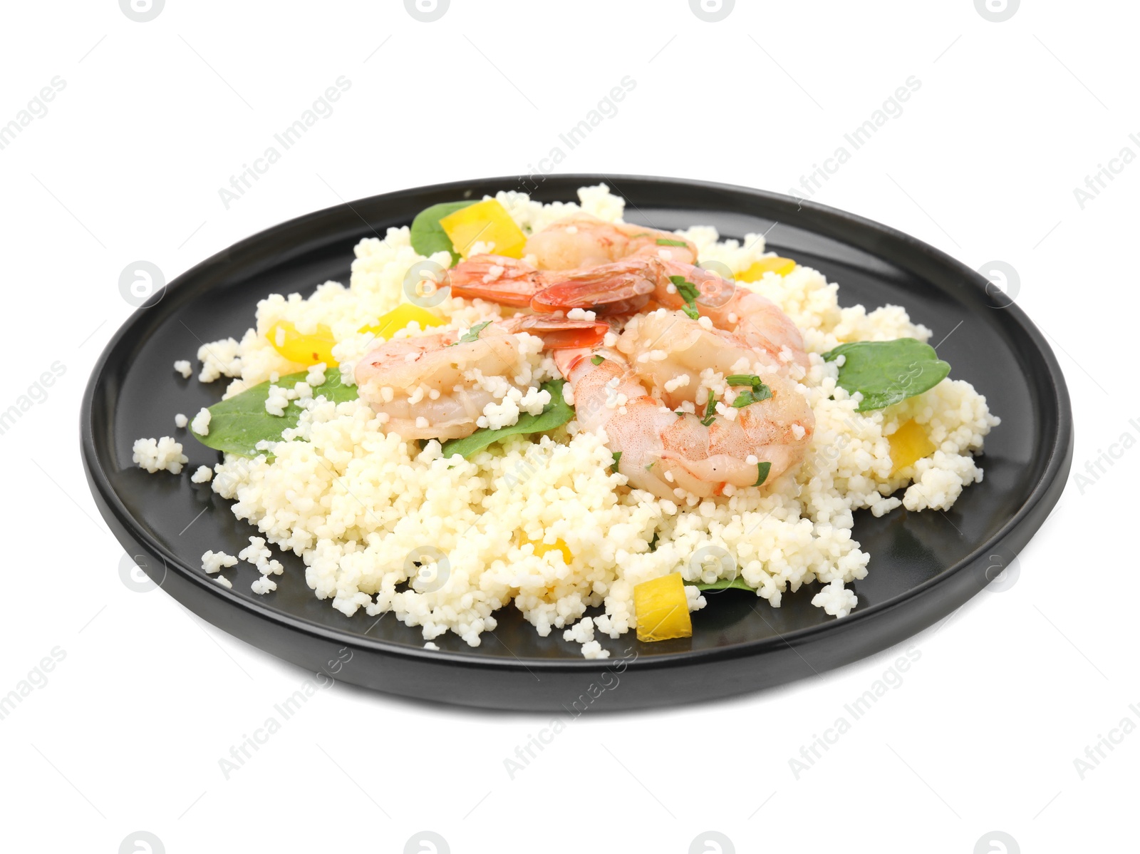 Photo of Plate of tasty couscous with shrimps, bell pepper and basil on white background