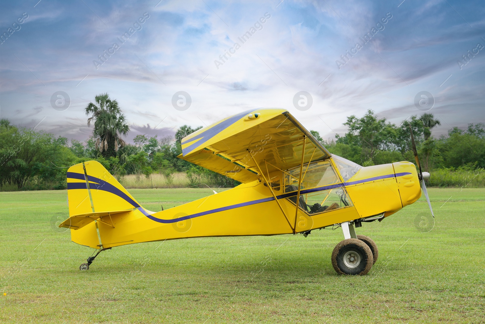 Photo of View of beautiful ultralight airplane in field on autumn day