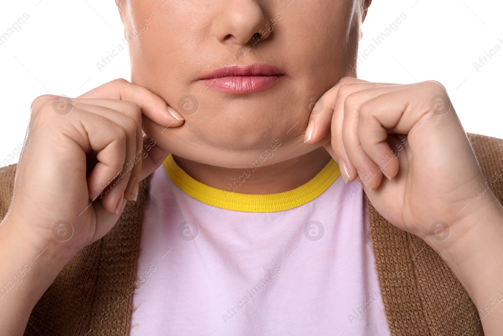 Photo of Woman with double chin on white background, closeup